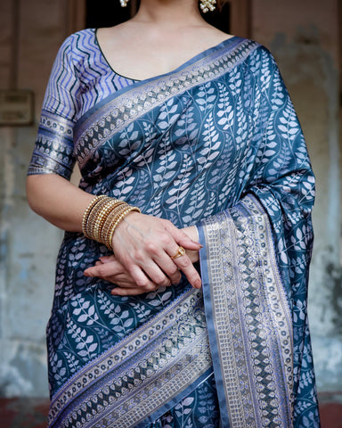 Pure Silk Digitally Printed Saree Weaved With Golden Zari Comes With Tassels