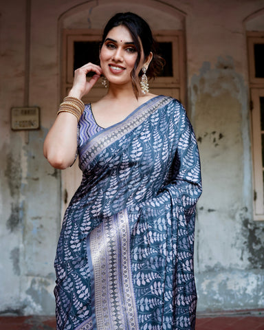 Pure Silk Digitally Printed Saree Weaved With Golden Zari Comes With Tassels