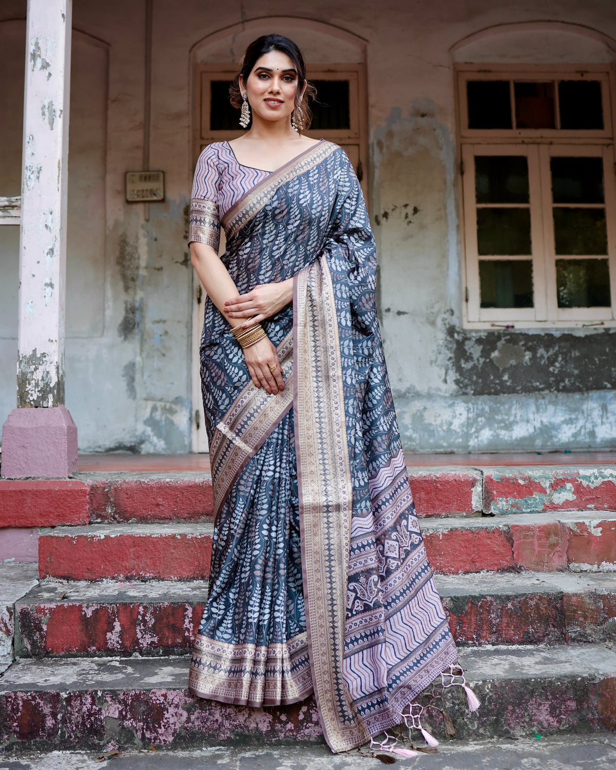 Pure Silk Digitally Printed Saree Weaved With Golden Zari Comes With Tassels