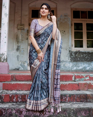 Pure Silk Digitally Printed Saree Weaved With Golden Zari Comes With Tassels