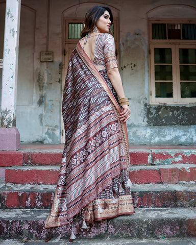 Pure Silk Digitally Printed Saree Weaved With Golden Zari Comes With Tassels