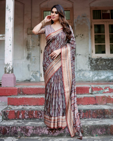 Pure Silk Digitally Printed Saree Weaved With Golden Zari Comes With Tassels