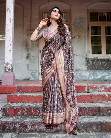 Pure Silk Digitally Printed Saree Weaved With Golden Zari Comes With Tassels