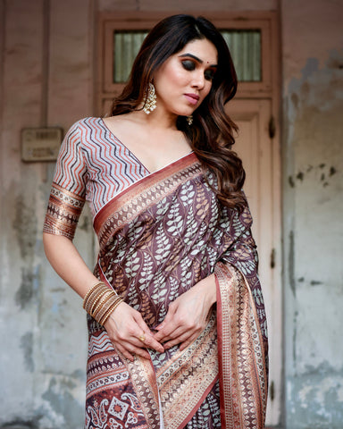 Pure Silk Digitally Printed Saree Weaved With Golden Zari Comes With Tassels