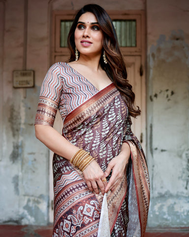 Pure Silk Digitally Printed Saree Weaved With Golden Zari Comes With Tassels