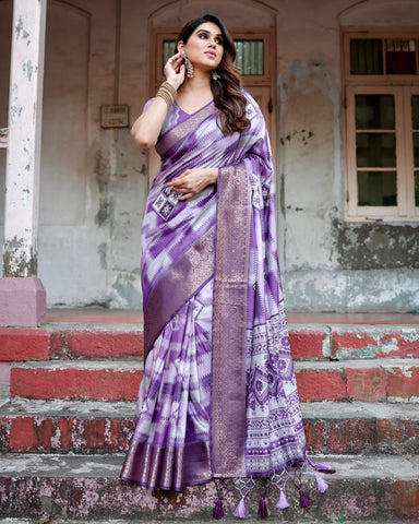 Pure Silk Digitally Printed Saree Weaved With Golden Zari Comes With Tassels