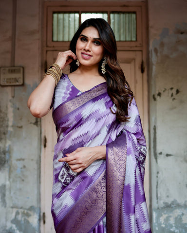 Pure Silk Digitally Printed Saree Weaved With Golden Zari Comes With Tassels