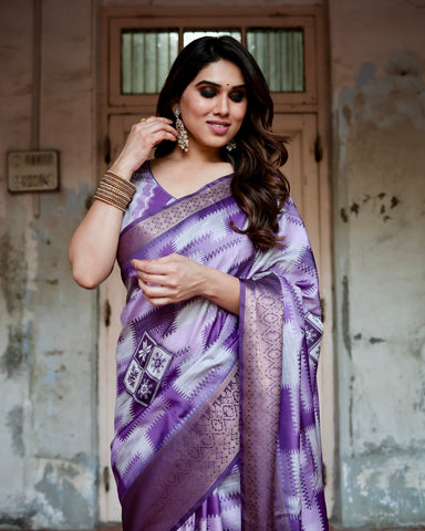 Pure Silk Digitally Printed Saree Weaved With Golden Zari Comes With Tassels