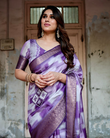 Pure Silk Digitally Printed Saree Weaved With Golden Zari Comes With Tassels