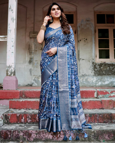 Pure Silk Digitally Printed Saree Weaved With Golden Zari Comes With Tassels