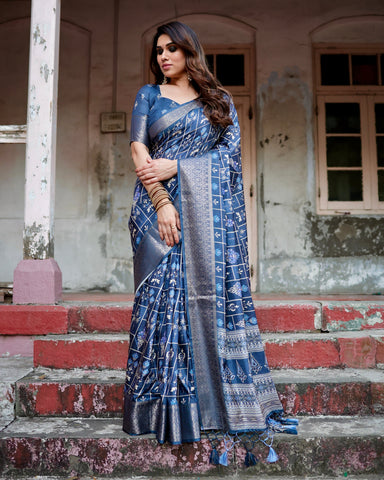 Pure Silk Digitally Printed Saree Weaved With Golden Zari Comes With Tassels