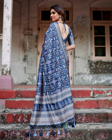 Pure Silk Digitally Printed Saree Weaved With Golden Zari Comes With Tassels