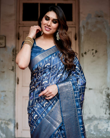 Pure Silk Digitally Printed Saree Weaved With Golden Zari Comes With Tassels