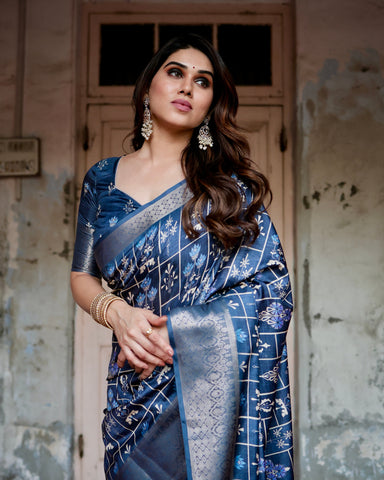 Pure Silk Digitally Printed Saree Weaved With Golden Zari Comes With Tassels