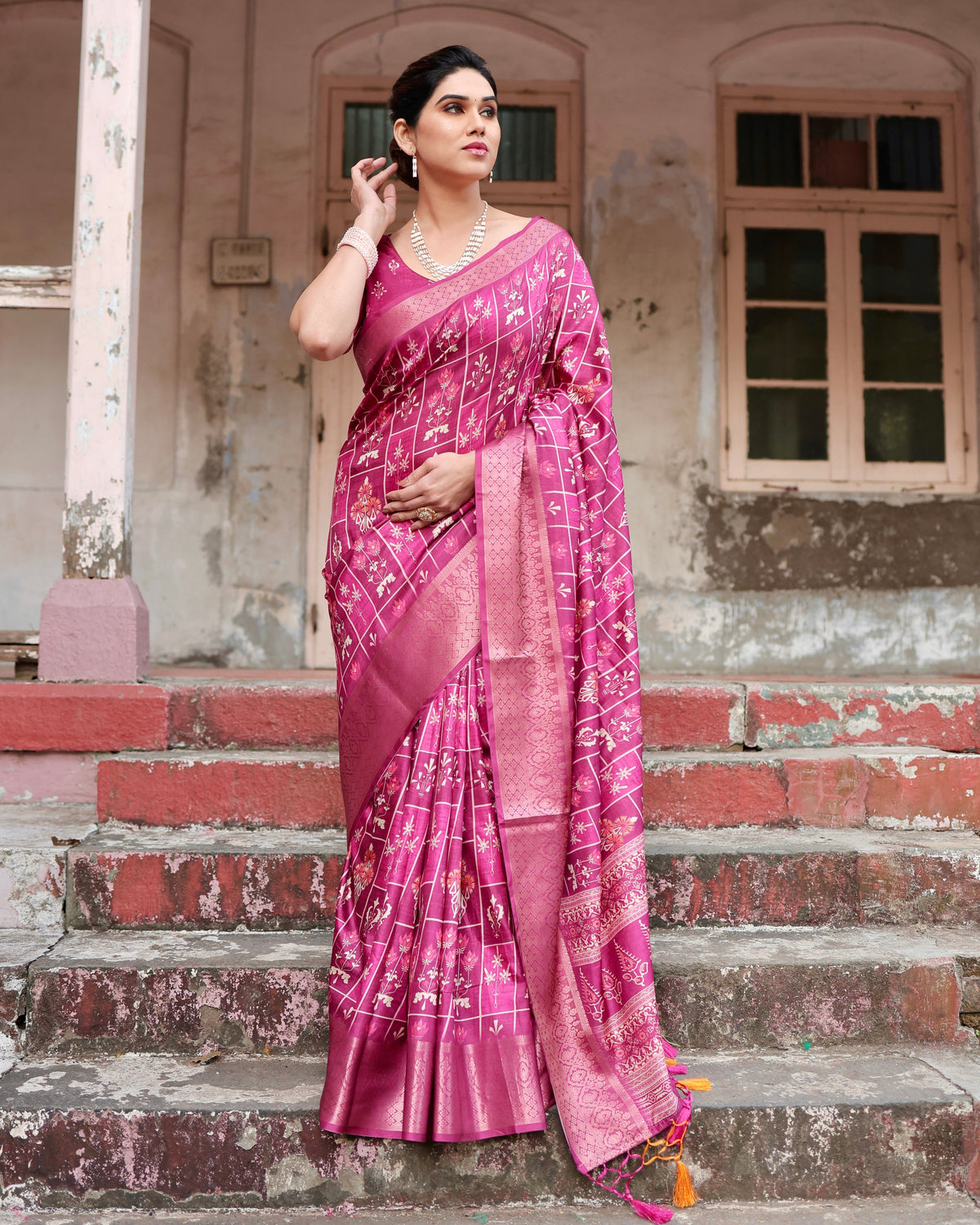 Pure Silk Digitally Printed Saree Weaved With Golden Zari Comes With Tassels