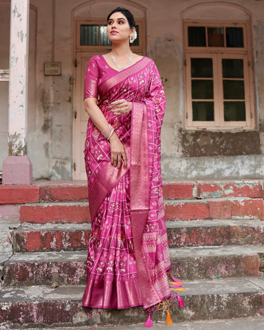 Pure Silk Digitally Printed Saree Weaved With Golden Zari Comes With Tassels