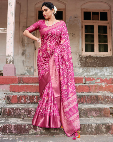 Pure Silk Digitally Printed Saree Weaved With Golden Zari Comes With Tassels