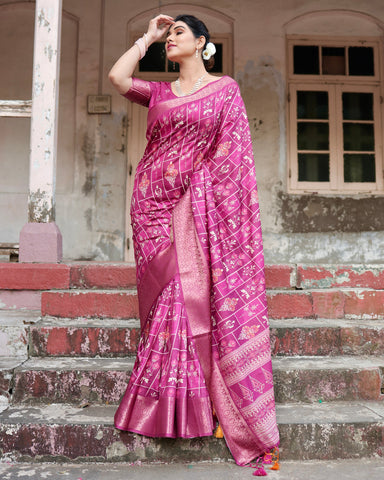 Pure Silk Digitally Printed Saree Weaved With Golden Zari Comes With Tassels