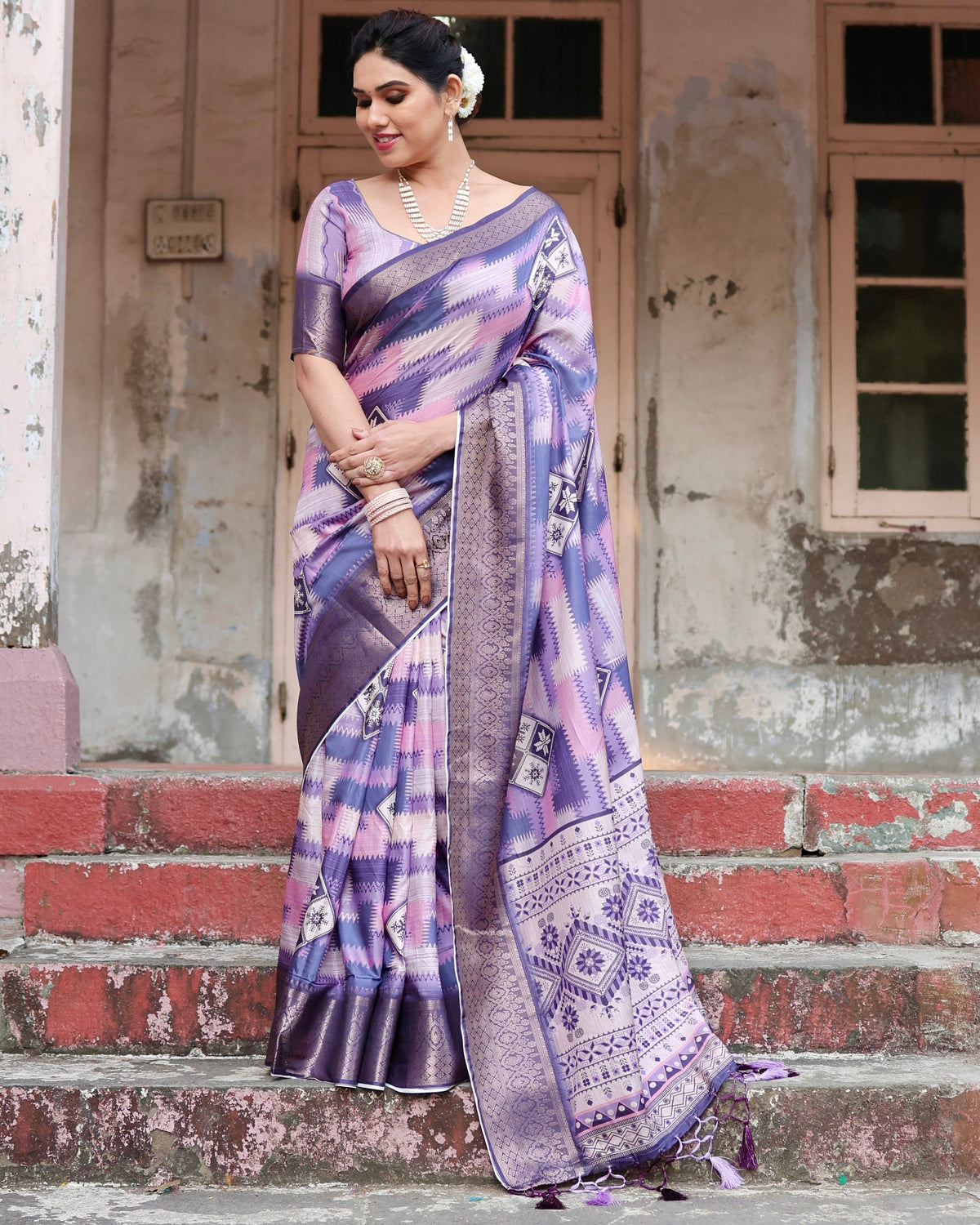 Pure Silk Digitally Printed Saree Weaved With Golden Zari Comes With Tassels