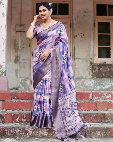 Pure Silk Digitally Printed Saree Weaved With Golden Zari Comes With Tassels