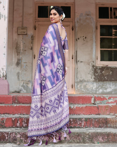 Pure Silk Digitally Printed Saree Weaved With Golden Zari Comes With Tassels