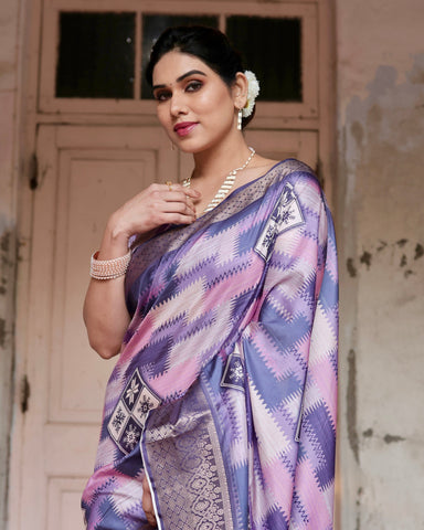 Pure Silk Digitally Printed Saree Weaved With Golden Zari Comes With Tassels