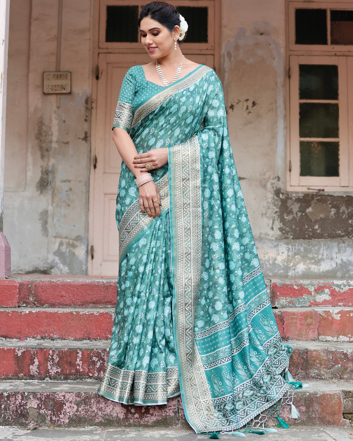 Pure Silk Digitally Printed Saree Weaved With Golden Zari Comes With Tassels