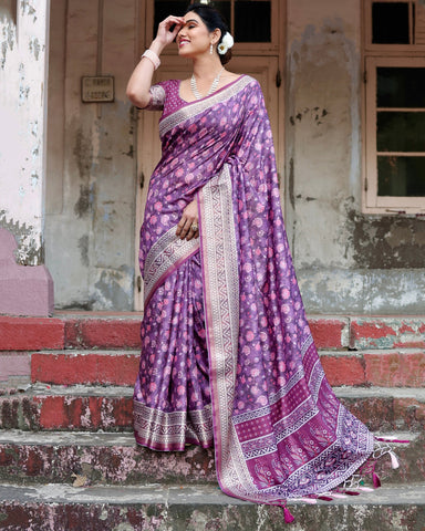 Pure Silk Digitally Printed Saree Weaved With Golden Zari Comes With Tassels