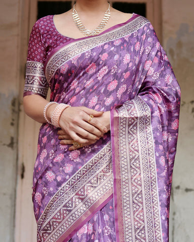 Pure Silk Digitally Printed Saree Weaved With Golden Zari Comes With Tassels