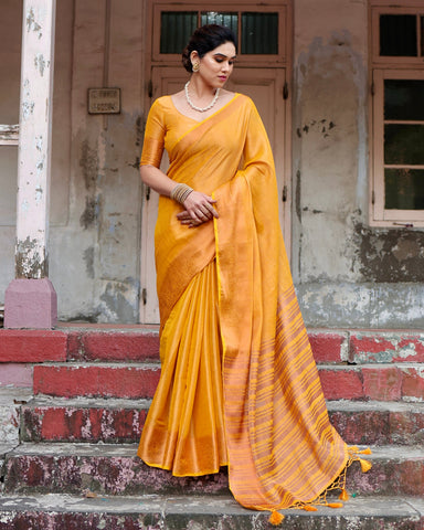 Pure Linen Saree Weaved With  Zari Comes With Tassels