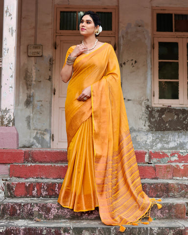 Pure Linen Saree Weaved With  Zari Comes With Tassels