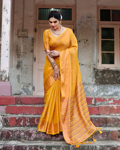 Pure Linen Saree Weaved With  Zari Comes With Tassels