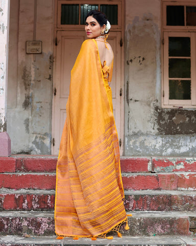 Pure Linen Saree Weaved With  Zari Comes With Tassels