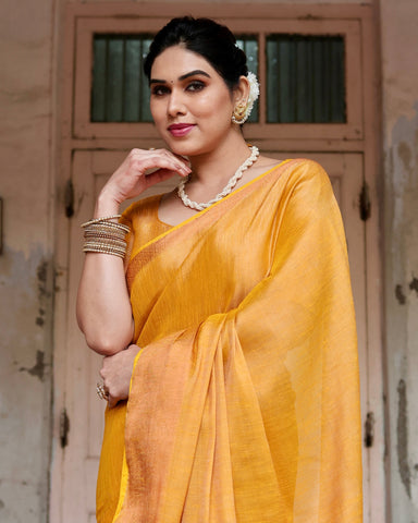 Pure Linen Saree Weaved With  Zari Comes With Tassels