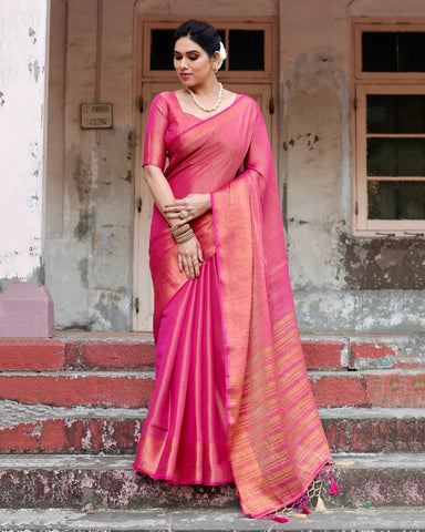 Pure Linen Saree Weaved With  Zari Comes With Tassels