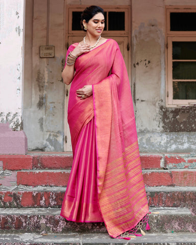 Pure Linen Saree Weaved With  Zari Comes With Tassels