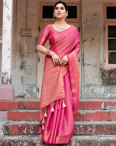 Pure Linen Saree Weaved With  Zari Comes With Tassels