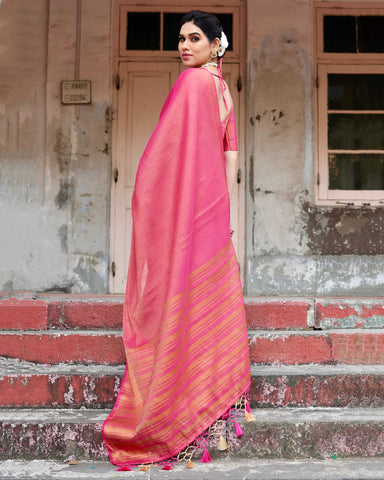 Pure Linen Saree Weaved With  Zari Comes With Tassels