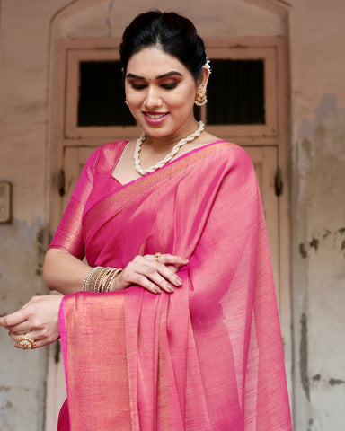 Pure Linen Saree Weaved With  Zari Comes With Tassels