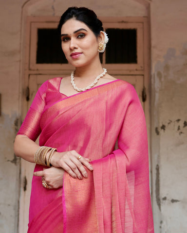 Pure Linen Saree Weaved With  Zari Comes With Tassels