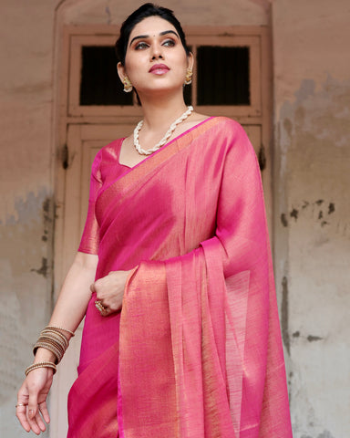 Pure Linen Saree Weaved With  Zari Comes With Tassels