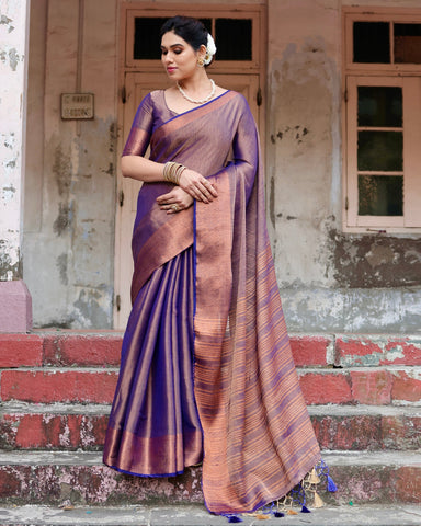 Pure Linen Saree Weaved With  Zari Comes With Tassels