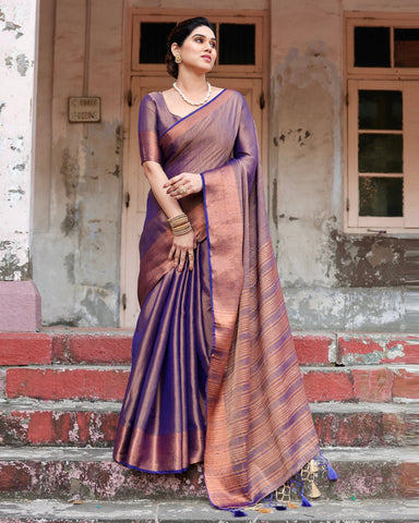 Pure Linen Saree Weaved With  Zari Comes With Tassels