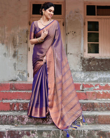 Pure Linen Saree Weaved With  Zari Comes With Tassels