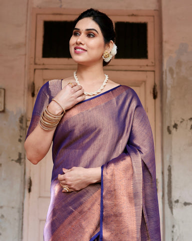 Pure Linen Saree Weaved With  Zari Comes With Tassels