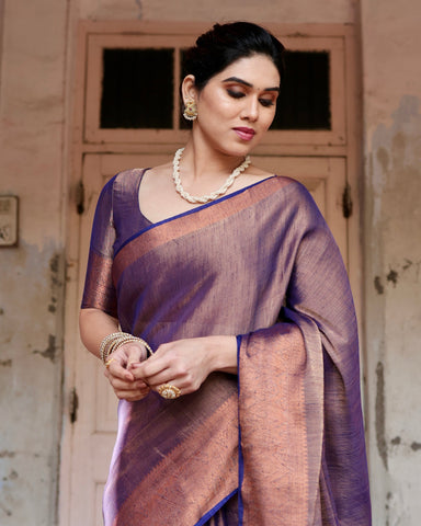 Pure Linen Saree Weaved With  Zari Comes With Tassels