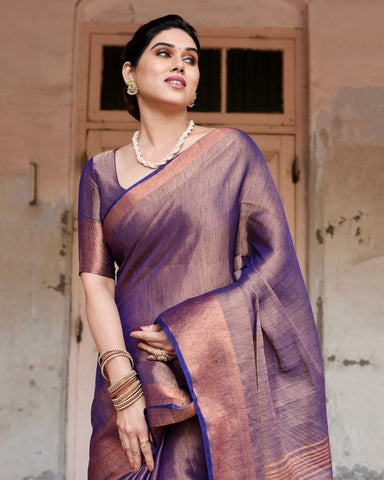 Pure Linen Saree Weaved With  Zari Comes With Tassels