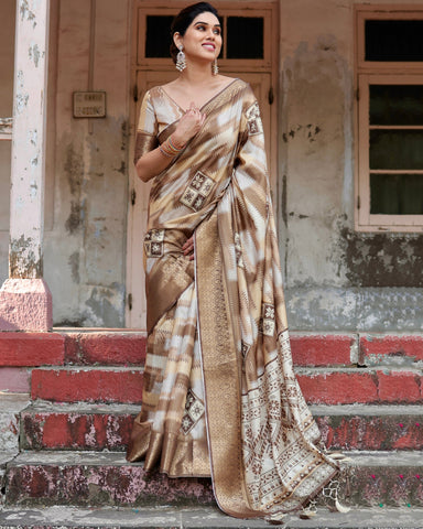 Pure Silk Digitally Printed Saree Weaved With Golden Zari Comes With Tassels