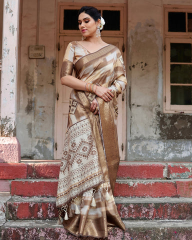 Pure Silk Digitally Printed Saree Weaved With Golden Zari Comes With Tassels