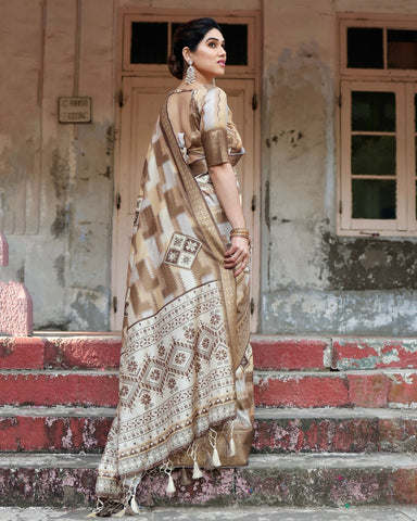 Pure Silk Digitally Printed Saree Weaved With Golden Zari Comes With Tassels